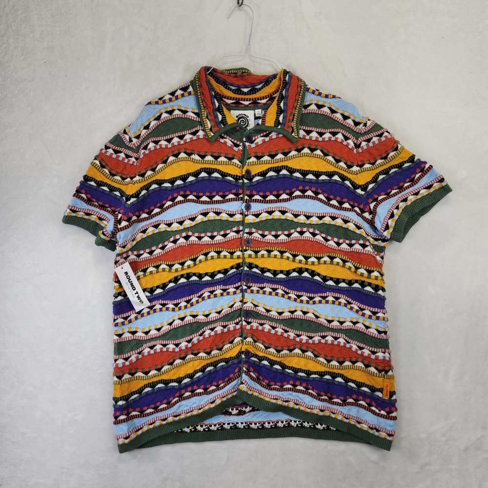 Round Two Mens 3D Knit Short Sleeve Button Up Shirt Multi Color Wave Pattern S